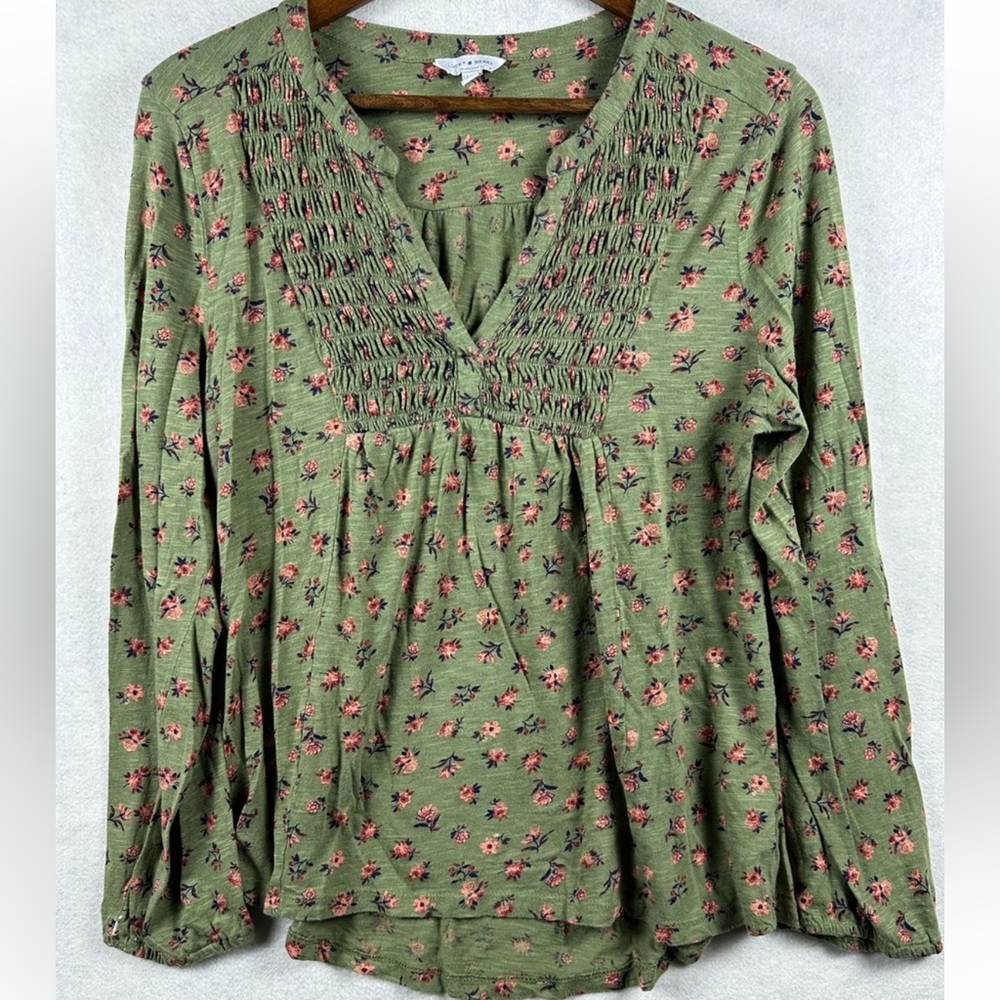 Lucky Brand Olive Green Floral Smocked V-Neck Tunic peasant blouse L